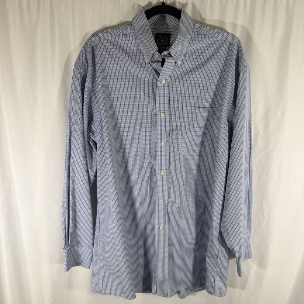 Jos A Bank Traveler Shirt Men's 15.5 33 Blue Plaid Button Up Long Sleeve Cotton